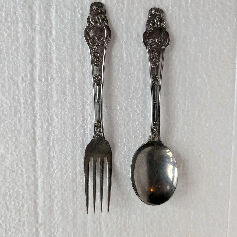 Vintage 1970s Japan Flower Girl Child Fork Spoon Set Youth Flatware Cute MCM - Picture 2 of 6